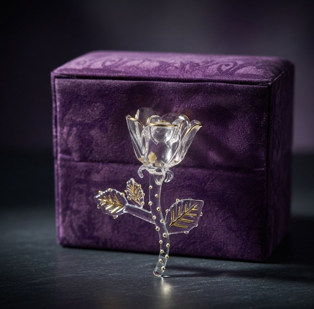 Elegant Clear Glass Rose Figurine Gold Leaf Accents Purple Velvet Gift Box VG